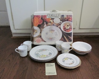 NEW- Vintage Crown Corning Corelle Orchard Rose Service for 4 Dish Set- Dinnerware- Plates, Bowls, Mugs- Milk Glass- In Original Box