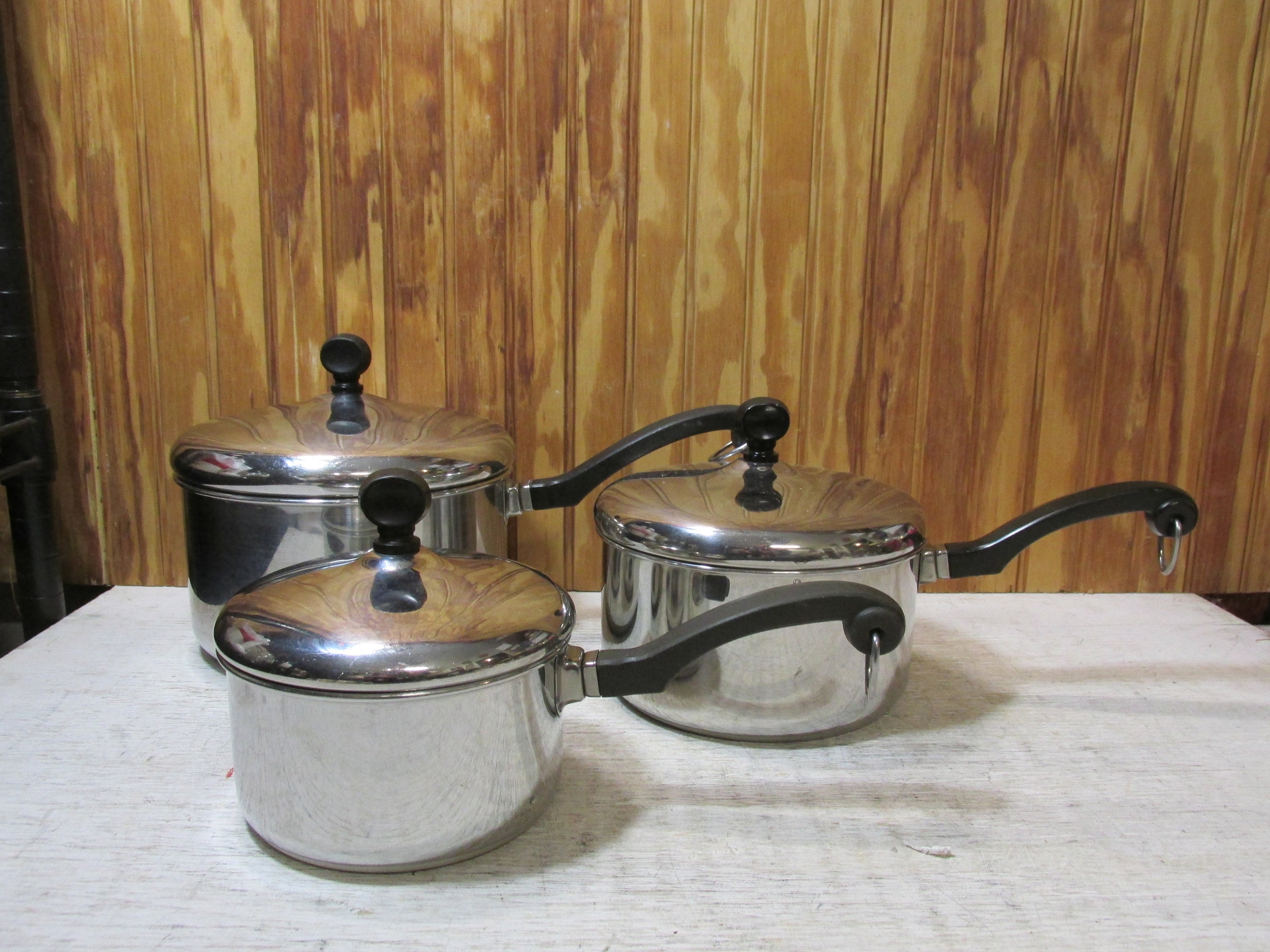 Vintage Set of 3 Aluminum Clad Farberware Stainless Steel Pots 