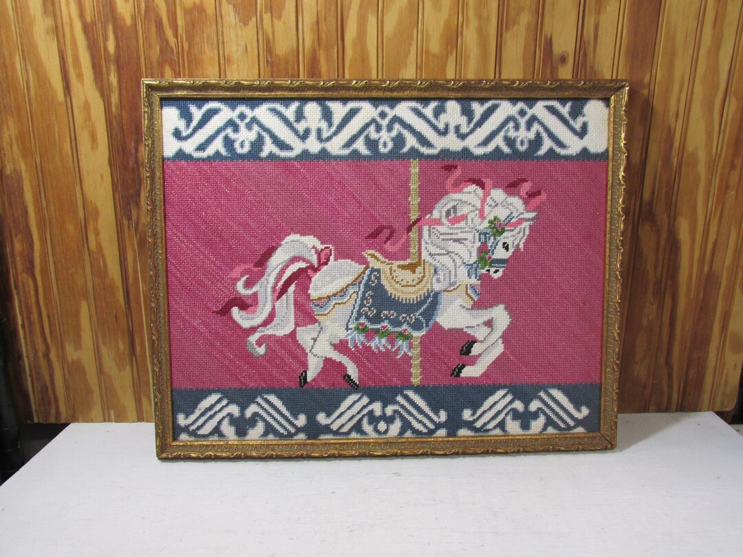 Carousel Needlepoint Vintage Needlepoint Carousel Horse in Gold Frame Embroidery- Pink, Blue ...