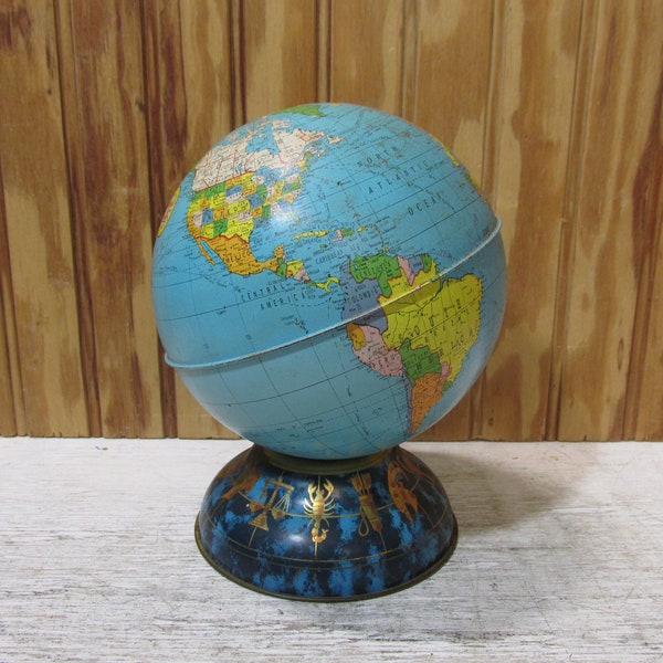 Vintage Ohio Art Tin Globe Savings Bank with Zodiac Signs- Metal