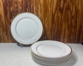 Vintage Set 8 Spode Golden Eternity Dinner Plates Bone China England Gold Rim