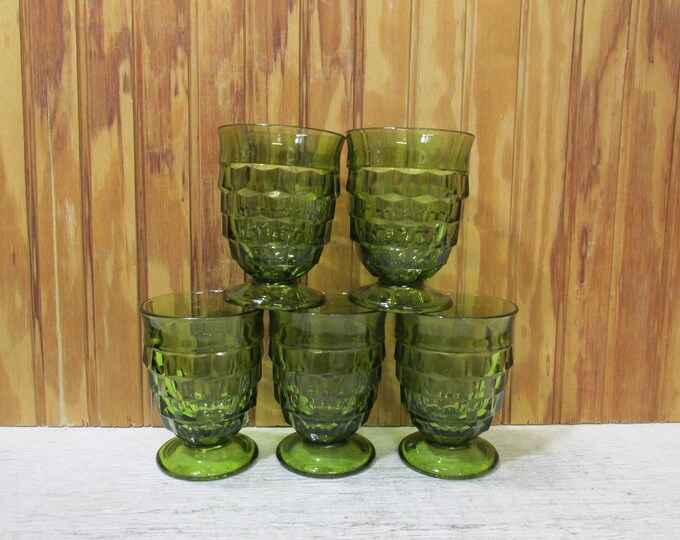 Set of 5 Avocado Green Footed Glass Tumblers Colony Whitehall Medium 4