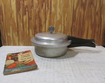 Vintage Aluminum Mirro Matic 2 1/2 Quart Pressure Cooker with Weight and Cookbook