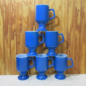Vintage Set of 6 Anchor Hocking Fire King Blue Pedestal Coffee Mugs With D Handles- Textured