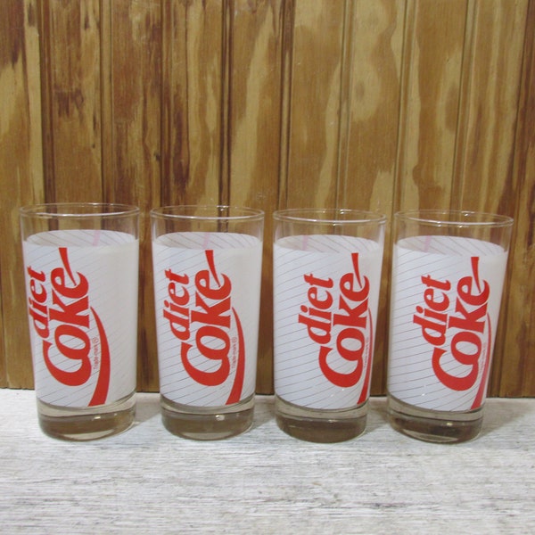 Vintage Set of 4 Red and White Diet Coke Drinking Glasses- Tumblers