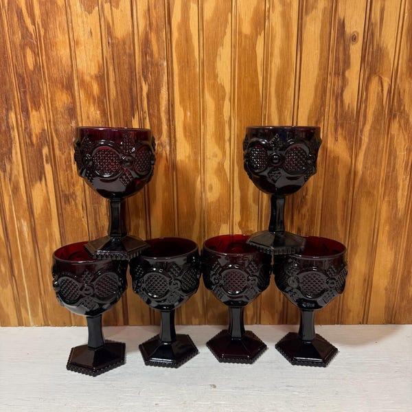 Vintage Set of 6 Avon 1876 Cape Cod Ruby Red Wine Glasses Goblets Water