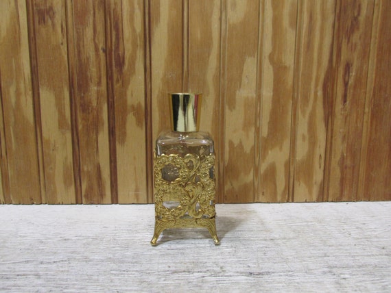 Vintage Mid Century Perfume Bottle with Brass Foo… - image 1