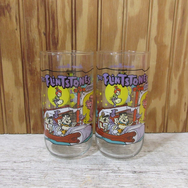 Vintage Set of 2 Hardee's The Flintstones Drinking Glasses- The Frist 30 Years- Going to the Drive In'