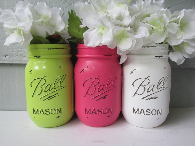 Painted And Distressed Ball Mason Jars Hot Pink Lime Green Etsy