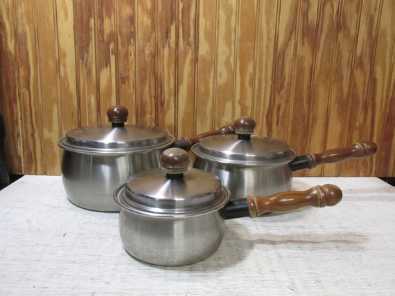 Vintage Stainless Steel Old Hampshire House Timeless Cookware by Ekco 1  Quart, 2 Quart and 3 Quart Pots With Lids Wooden Handles 