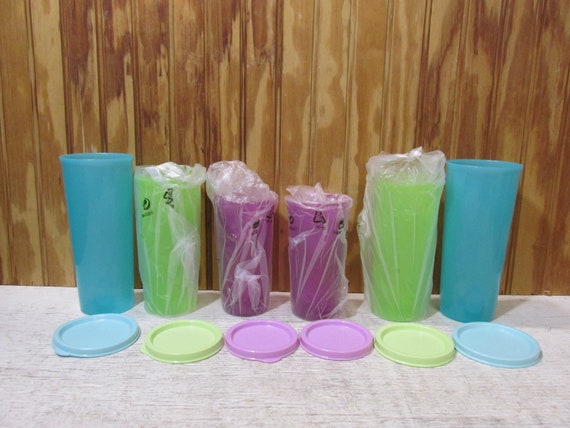 NEW Vintage Set of 6 Tupperware Plastic Cups With Lids Teal, Green