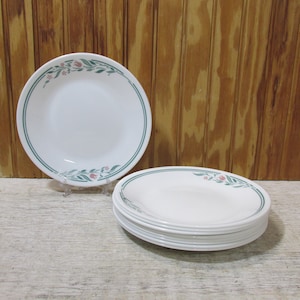 May include: A set of ten white ceramic dinner plates with a green and pink floral design. The plates are stacked in two piles.
