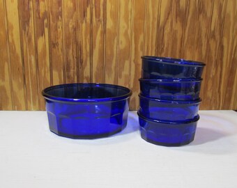 Vintage 5 Piece Arcoroc Cobalt Blue Salad Bowl Set- Made in France- Arc 4 Small Bowls and 1 Large Bowl