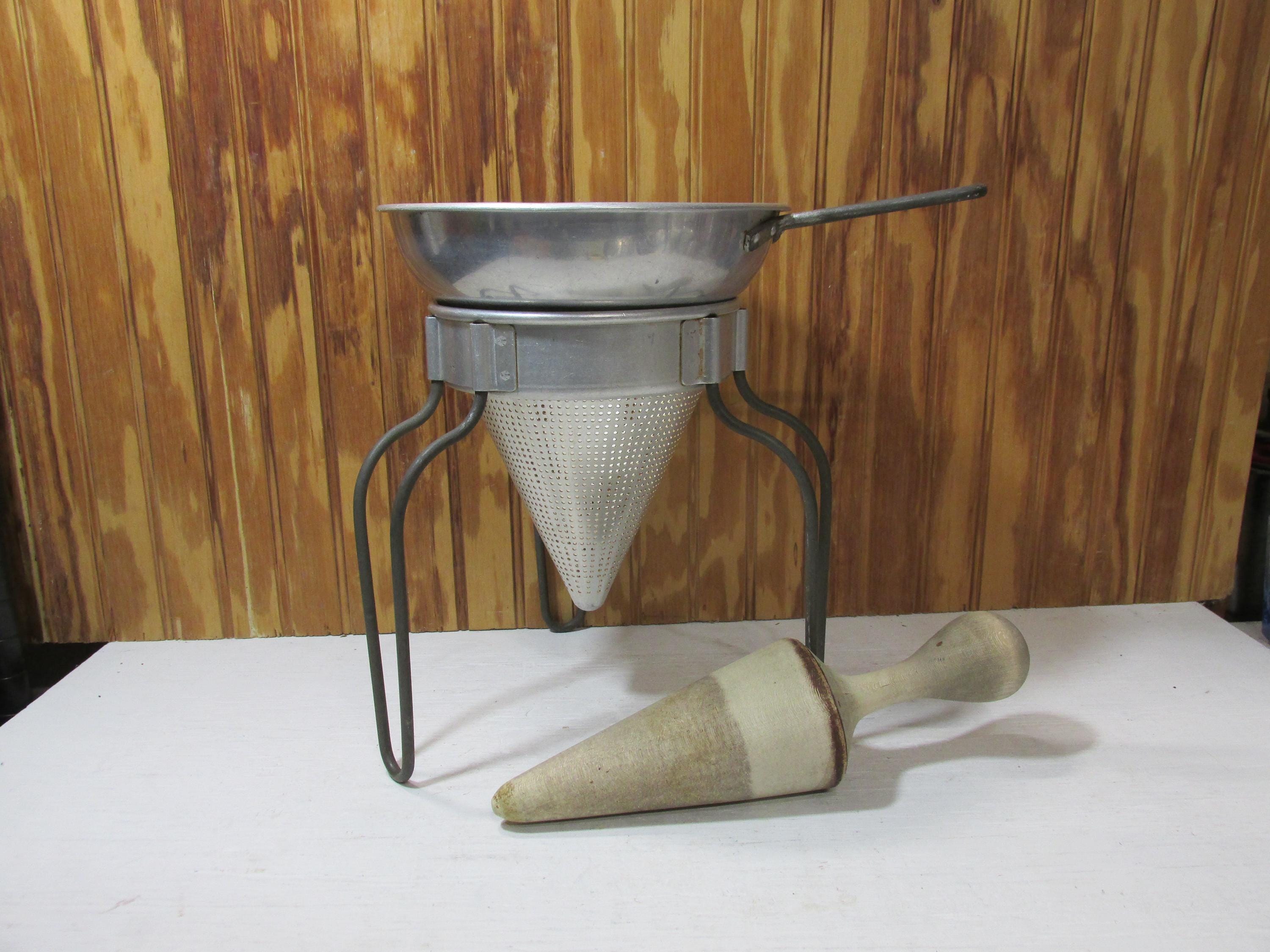 Vintage Aluminum Wear Ever Canning Strainer With Stand and Wooden Pestle/Muddler-Sieve-Colander-Food Mill