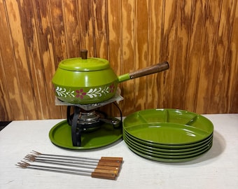 Vintage Avocado Green Imperial Fondue Set- Pot, Skewers, Base, Heating Element, Plates, Forks