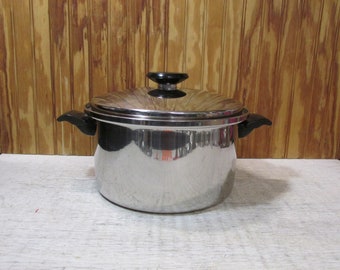 Vintage Stainless Steel Old Hampshire House Timeless Cookware by Ekco 1  Quart, 2 Quart and 3 Quart Pots With Lids Wooden Handles 