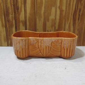 May include: An orange rectangular ceramic planter with a textured, ridged design. The planter has a curved shape with decorative leaf-like patterns on the sides. The background is a wooden wall.