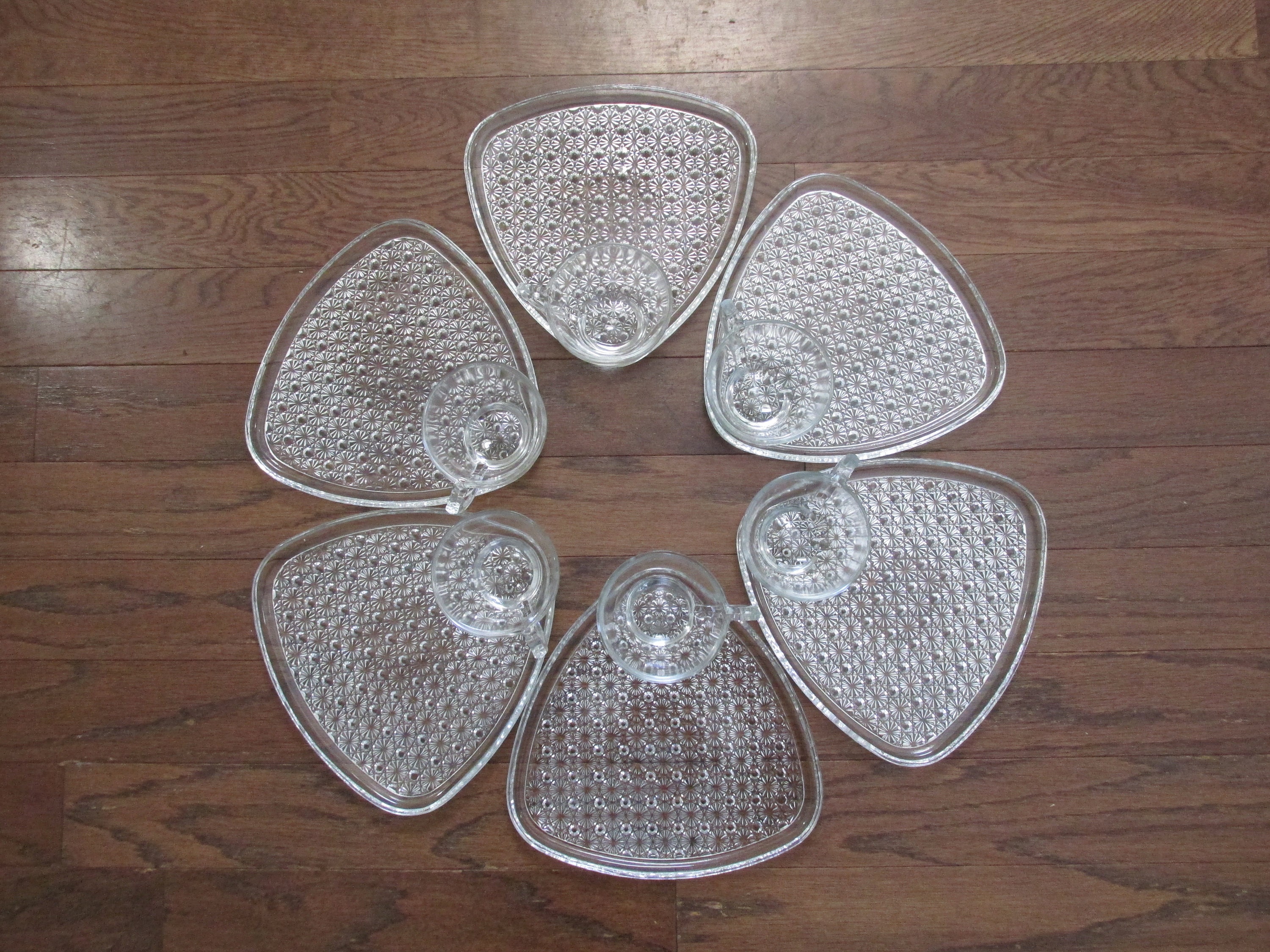 Vintage Set of 6 Indiana Glassware Daisy and Button Snack Sets, Luncheon Plate and Cup- Clear Glass