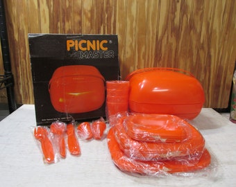 NEW- Vintage Picnic Master Red Plastic Picnic Set for 4- In Original Box - British Registered Design