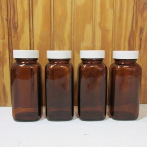 Vintage Set of 4 ALA 4 oz. Amber Glass Medicine Jars with White Plastic Lids- Apothecary Medical Bottles