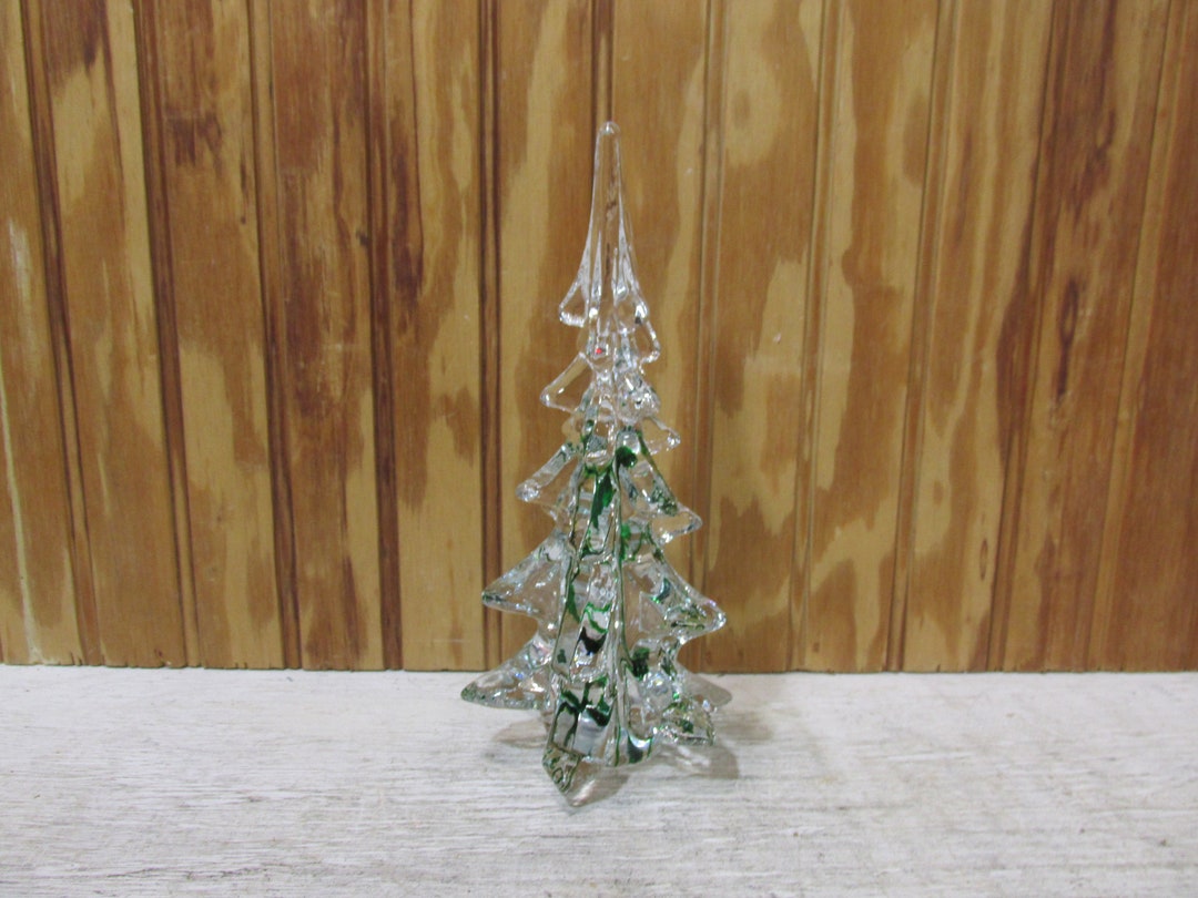 Vintage Clear Glass Christmas Tree Figure With Green Swirl in the