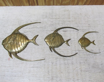 Vintage Set of 3 Brass Fish Wall Hangings- Bathroom Decor