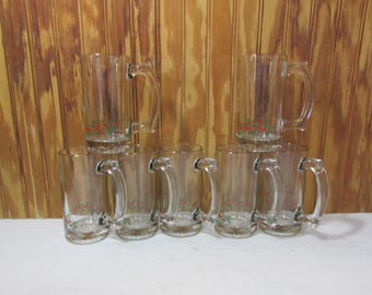 Vintage Set of 7 Libbey Holley Berry Christmas Large Mugs Steins with Gold Rim Holiday Hot Chocolate Egg Nogg Clear Glass