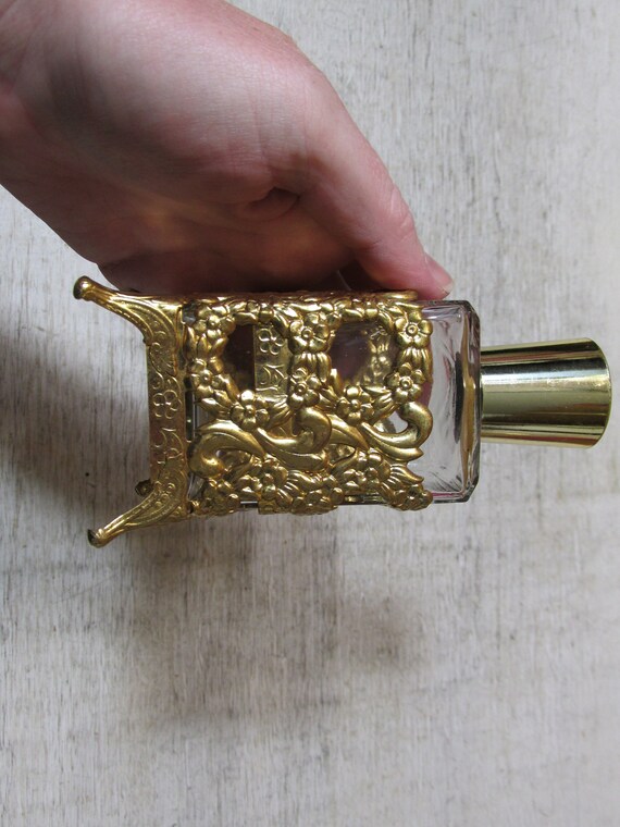 Vintage Mid Century Perfume Bottle with Brass Foo… - image 3