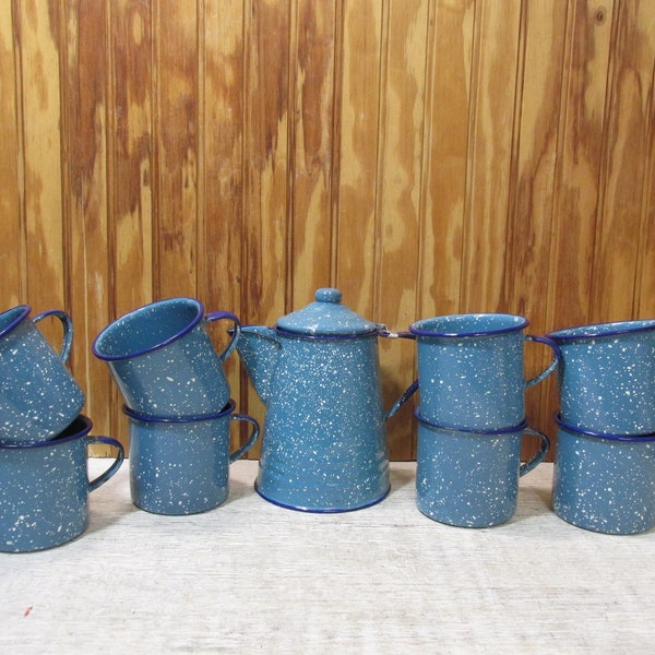 Vintage Set of 8 Turquoise with White Specks Enamel Cups and Coffee Pot- Cobalt Blue Rim- Camping- Speckled- Tres