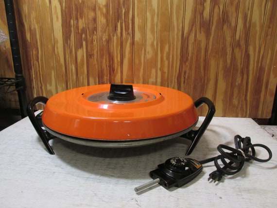 Vintage Farberware Large Round Electric Griddle Orange Automatic Model 296  