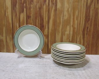 Vintage Taylor Smith and Taylor Heritage Celadon Green Set of 9 Berry Bowls- Gold Rim- Dessert Bowls- Side