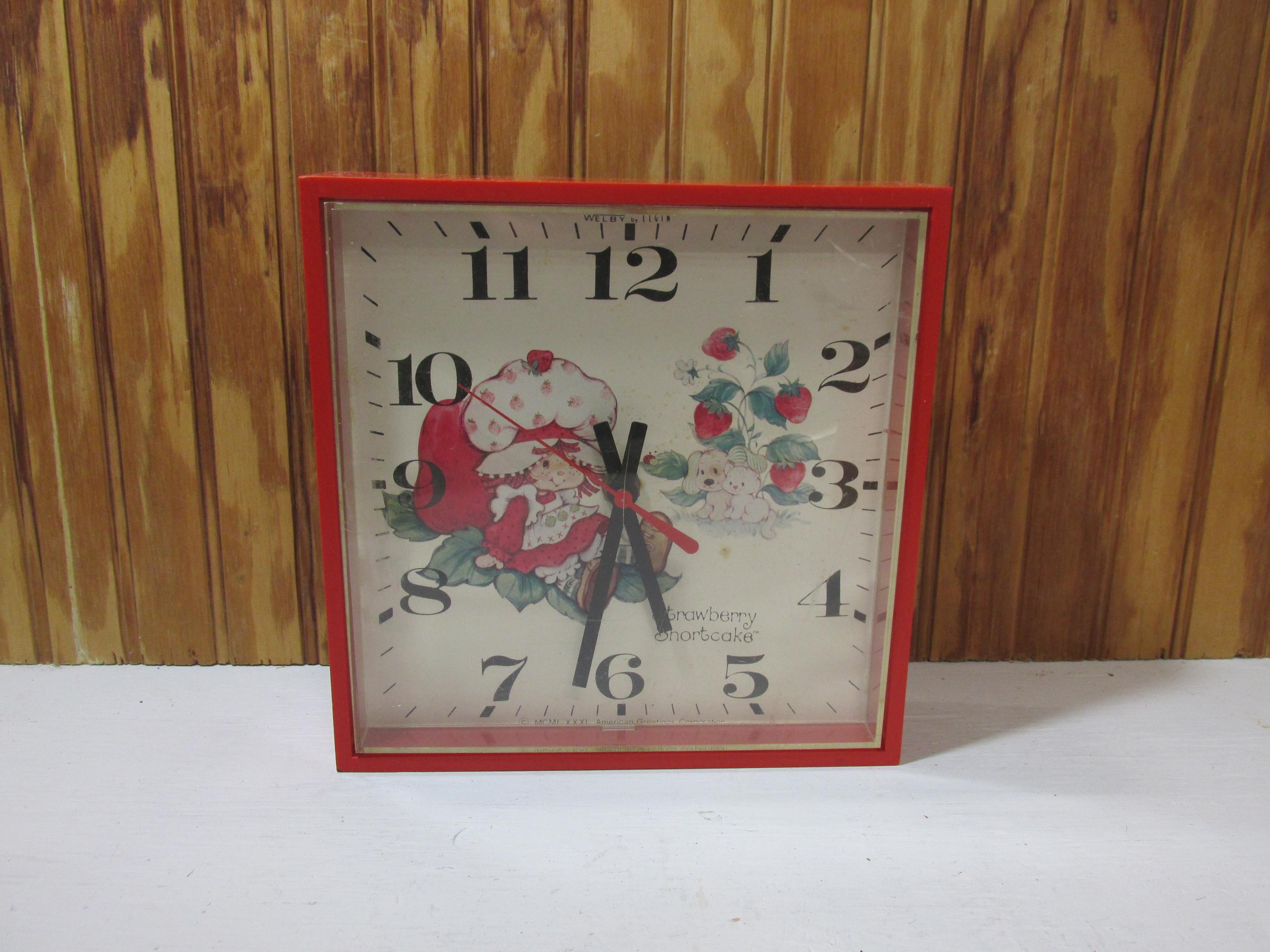 Vintage Plastic Strawberry Shortcake Welby by Elgin Battery Clock- Square-  Wall Clock- 1980's