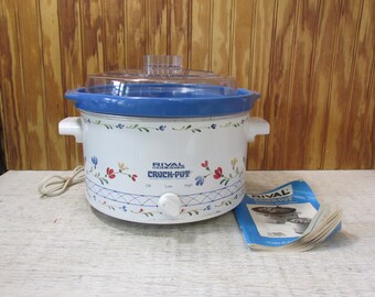 Vintage 4 Quart Rival Select Crock Pot Stoneware Slow Cooker- Blue with White Flower Base- Model 3154