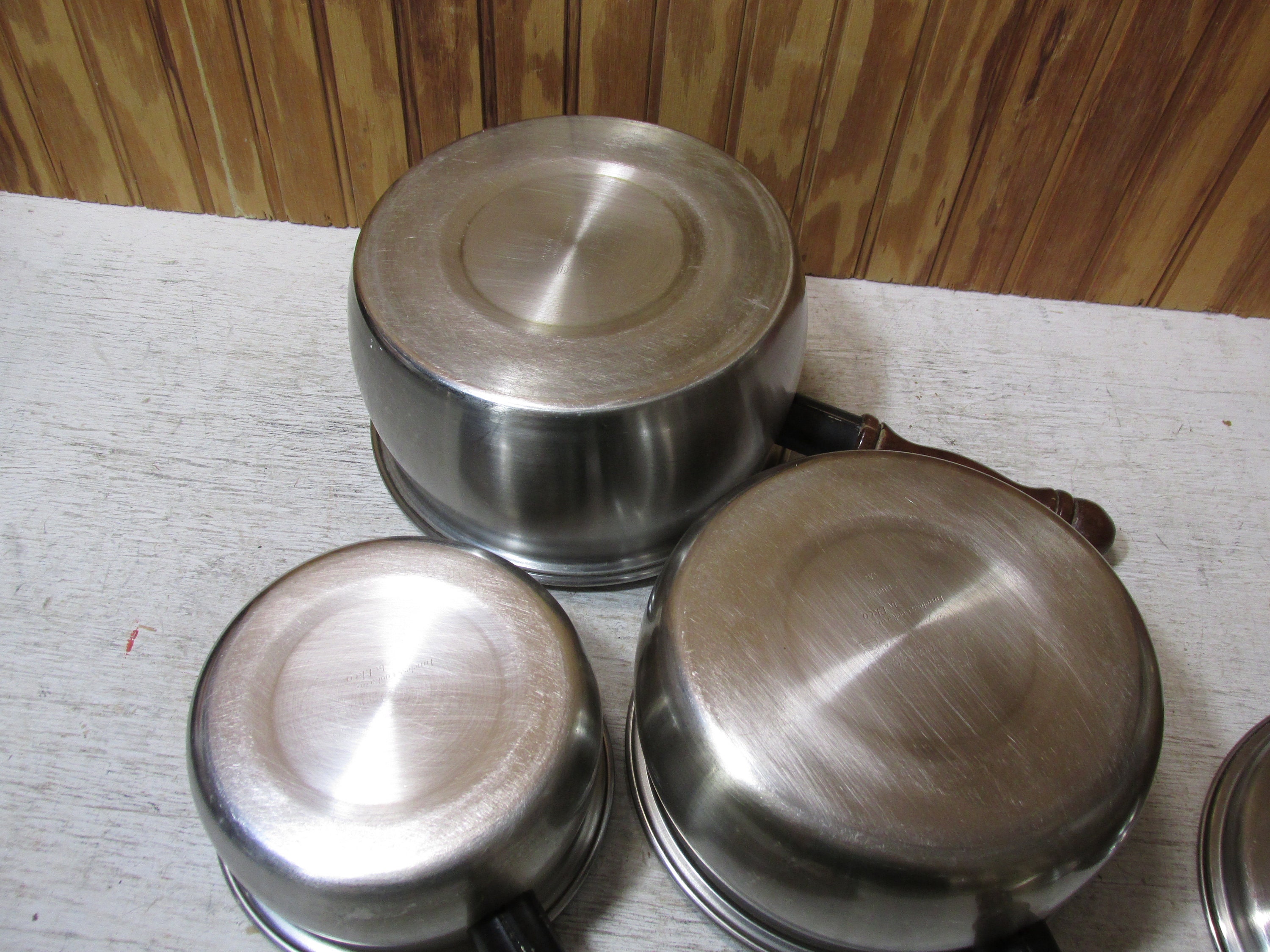 Vintage Stainless Steel Old Hampshire House Timeless Cookware by Ekco 1  Quart, 2 Quart and 3 Quart Pots With Lids Wooden Handles 