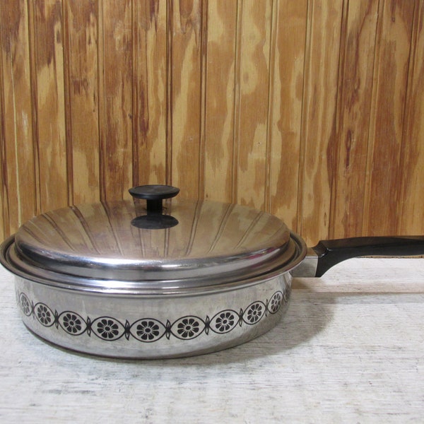 Vintage Ekco Stainless Steel 10 Inch Skillet with Floral Pattern- Daisy- Mid Century