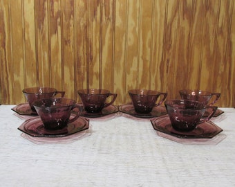 Vintage Set of 6 Hazel Atlas Moroccan Amethyst Purple Coffee Cups and Saucers- Octagonal Glass- Tea- Mugs