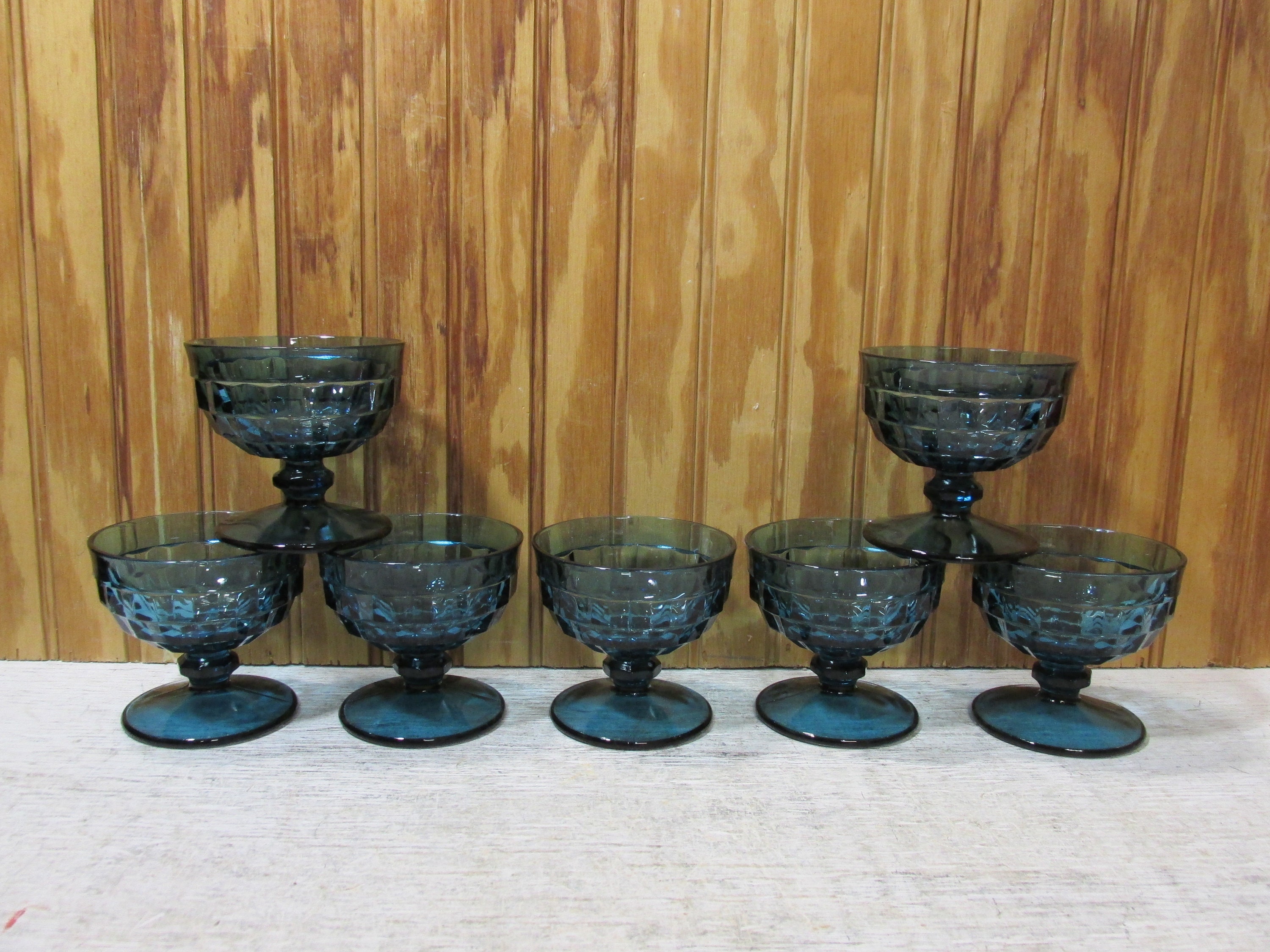 Blue Footed Tumblers Indiana Glass Colony Cubist Set of 4  Vintage Set 3 Indiana Glass Company Riviera Blue 3.5\