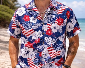 Patriotic Hawaiian Shirt, American Flag Aloha, 4th of July Outfit Men
