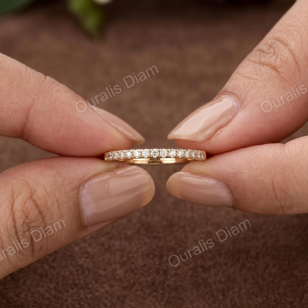 Lab Grown Diamond Wedding Band Minimalist Half Eternity Ring 14k Yellow ...