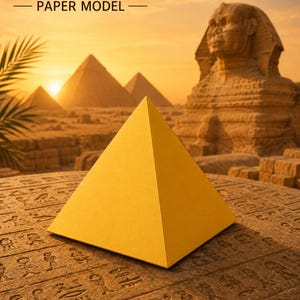 Puede incluir: Un modelo de papel de pirámide 3D amarillo sobre una superficie de piedra con jeroglíficos tallados. El texto 3D PYRAMID PAPER MODEL está impreso en la parte superior. El fondo muestra un paisaje desértico con pirámides y una esfinge.