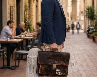 Dark Brown Cowhide Leather Laptop Bag, Hair-On Messenger Briefcase, Western Style Crossbody