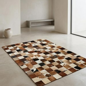 Alfombra de retazos de piel de vaca – Cuero genuino, alfombra rústica de estilo occidental.