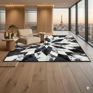 Zwart ivoorkleurig rundleder patchwork vloerkleed, geometrisch marmeren leren tapijt, modern behaard huidkleed