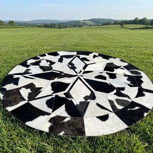 Handmade Black White Cowhide Patchwork Rug, Round Geometric Leather Carpet, Modern Scandinavian Home Decor