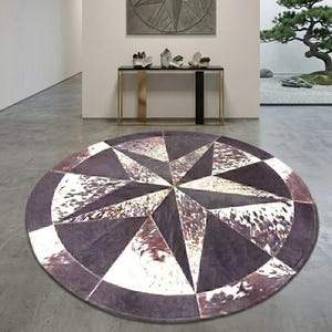 Round Patchwork Cowhide Rug, Geometric Star Design, Brown Cream Leather Carpet