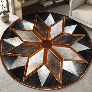 Round Cowhide Star Patchwork Rug, Geometric Leather Area Carpet, Rustic Home Decor