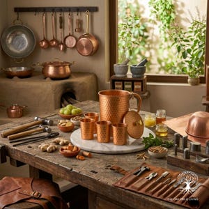 Puede incluir: Una escena de cocina rústica con utensilios de cocina y herramientas de cobre. Una gran jarra de cobre y vasos a juego están sobre una superficie de mármol. Varias ollas, sartenes y utensilios de cobre cuelgan arriba. Jengibre fresco y otros ingredientes están dispuestos sobre una mesa de madera desgastada.