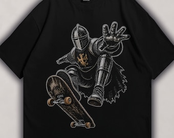 Skate Knight Shirt, Mittelalter Rüstung Skateboard T-Shirt, Dark Fantasy Graphic Tee, Gothic Ritter Skater Geschenk, Fantasy Streetwear