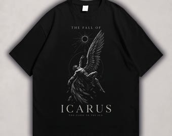 Der Fall von Ikarus Shirt, griechische Mythologie T-Shirt, Dark Academia Graphic Tee, Engelsflügel Gothic T-Shirt, gewaschenes schwarzes Shirt