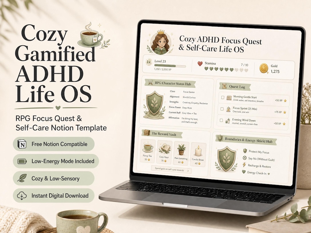 Cozy Gamified ADHD Life OS | RPG Task Management & Self-care Tracker ...